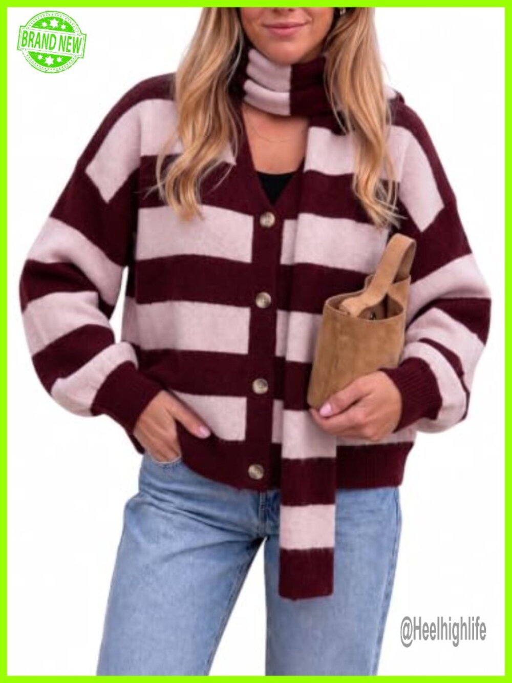 Striped Cardigan Long Sleeve Button Knit Sweater with Scarf Set
